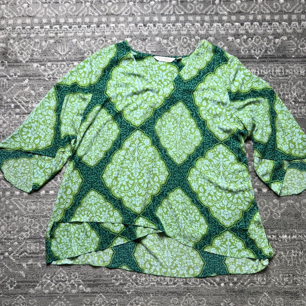 BEAUTIFUL by Lawrence Zarian V-Neck Blouse 3X Green Medallion Paradise Printed